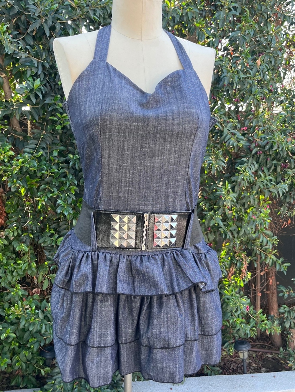 Made in USA Denim Blue Smocked Apron Dress with Ruffle Skirt Belted Size M